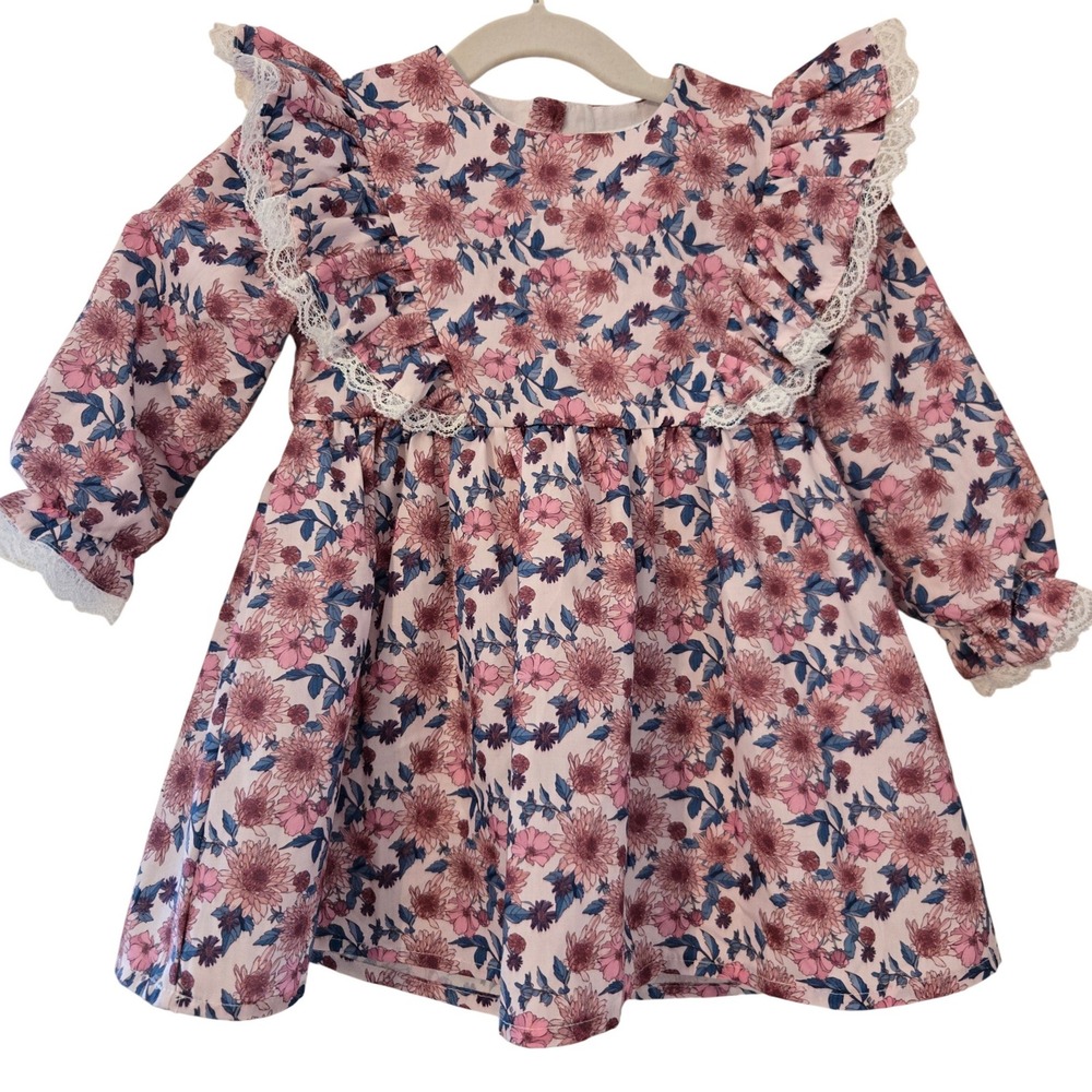 Dolly Wears‎ Toddler Girls Floral Lace Ruffle Long Sleeve Dress Pink Blue 18-24M